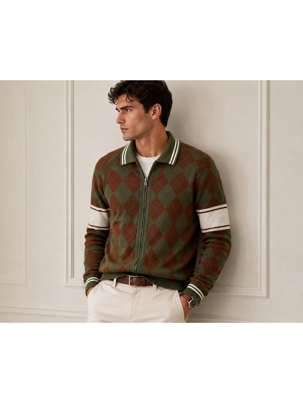 OXKNIT Men's Knit Zip Polo Cardigan Vintage Green Brown Pattern Size L